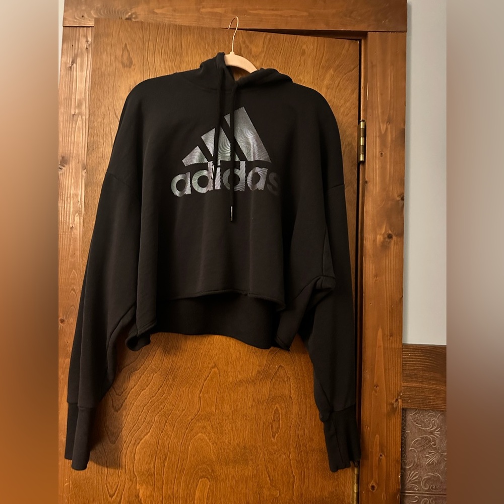 Adidas HOLIDY GFX HOODIE cropped blackIridescent Logo Size XL Workout Streetwear